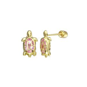 14 Karat Yellow Gold Turtle PINK CZ Screw Back Stud Earrings